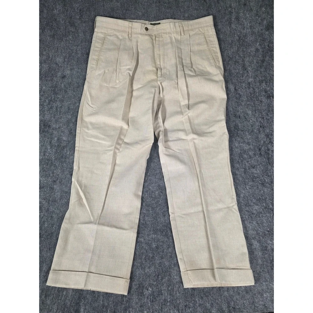 Vintage Dockers Pleated Linen Cotton Trousers Men 40x30 Beige Cuffed Chino Pants